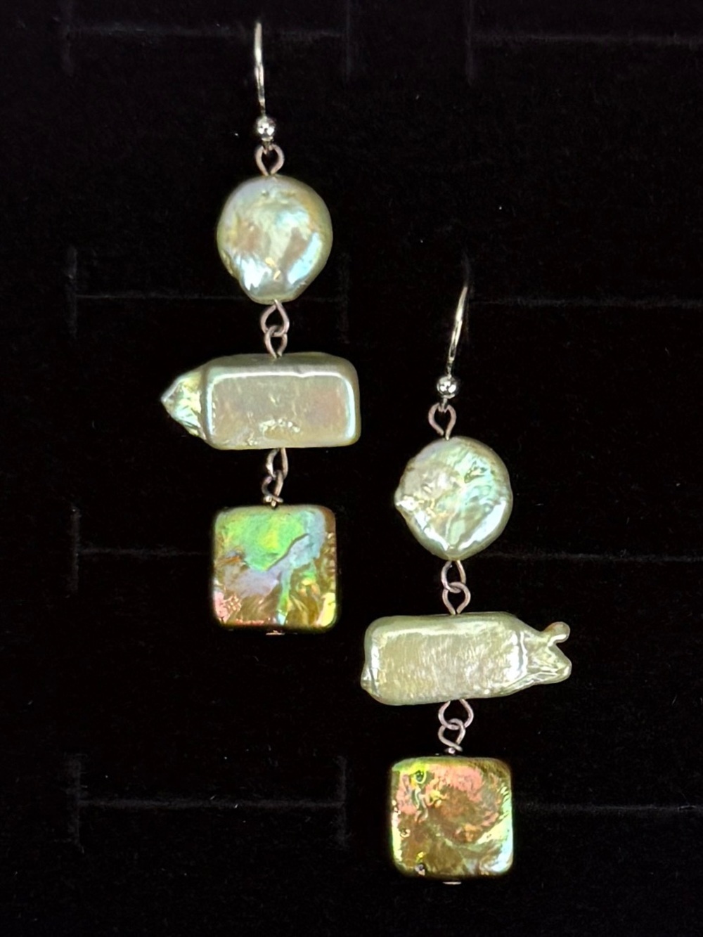 Iridescent Green Freshwater Pearl Drop Pierced Earrins